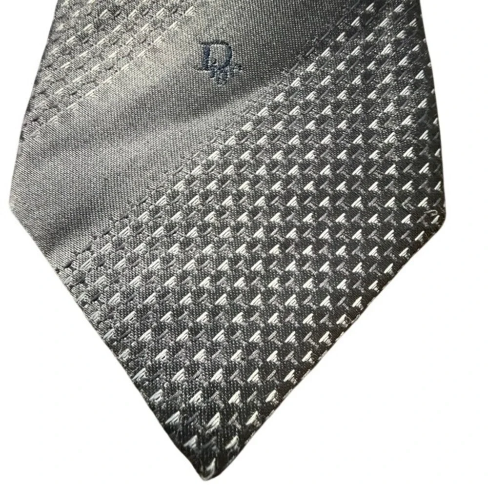 Christian Dior Monsieur Silver Grey Geometric Logo Necktie Silk Look Polyester